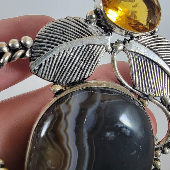 Handmade Silver Pendant with Black Banded Agate & Citrine in Leaf Motif Setting - Picture 6 of 9